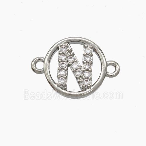 Copper Letter-N Connector Pave Zirconia Circle Platinum Plated