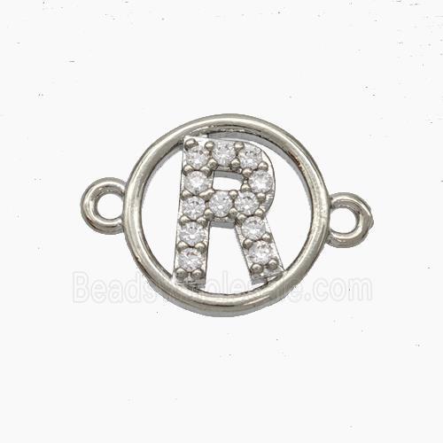 Copper Letter-R Connector Pave Zirconia Circle Platinum Plated