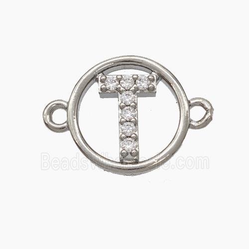 Copper Letter-T Connector Pave Zirconia Circle Platinum Plated