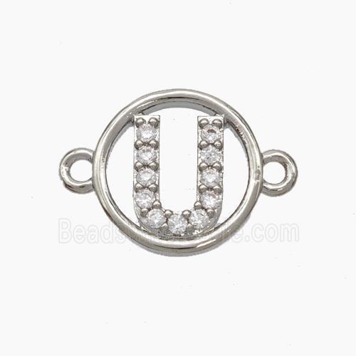 Copper Letter-U Connector Pave Zirconia Circle Platinum Plated