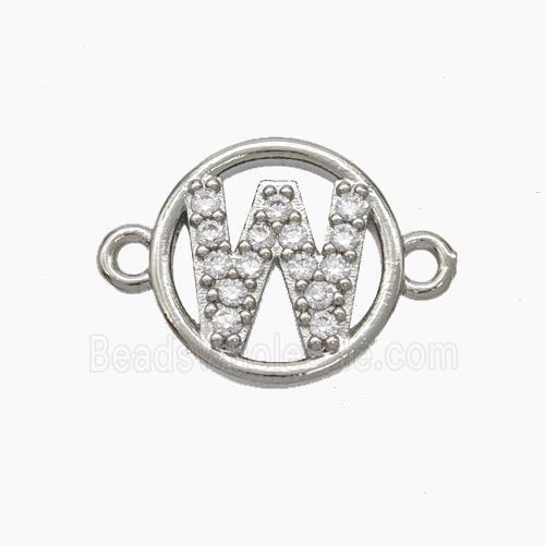 Copper Letter-W Connector Pave Zirconia Circle Platinum Plated