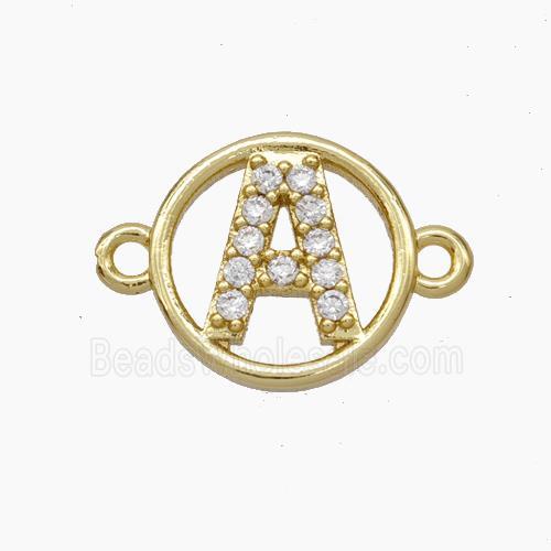 Copper Letter-A Connector Pave Zirconia Circle Gold Plated