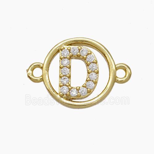 Copper Letter-D Connector Pave Zirconia Circle Gold Plated