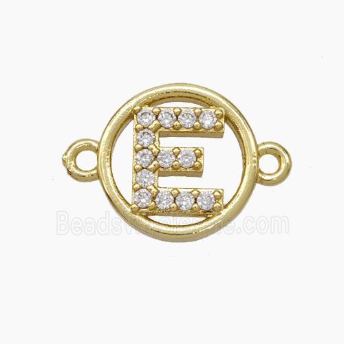 Copper Letter-E Connector Pave Zirconia Circle Gold Plated