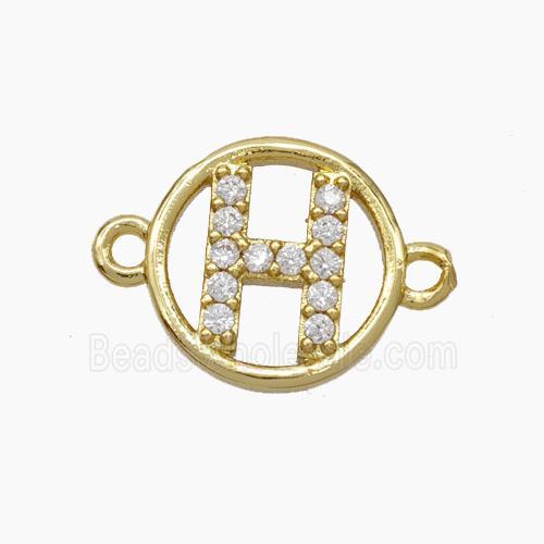 Copper Letter-H Connector Pave Zirconia Circle Gold Plated