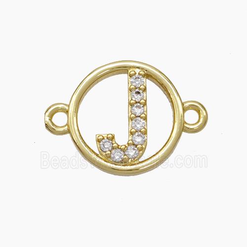 Copper Letter-J Connector Pave Zirconia Circle Gold Plated