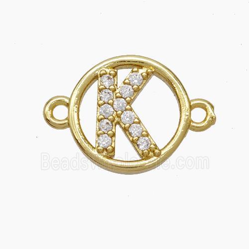 Copper Letter-K Connector Pave Zirconia Circle Gold Plated