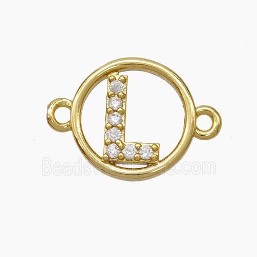 Copper Letter-L Connector Pave Zirconia Circle Gold Plated