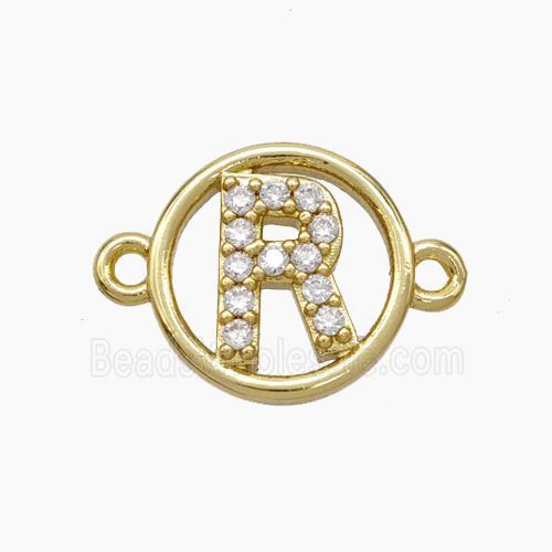 Copper Letter-R Connector Pave Zirconia Circle Gold Plated