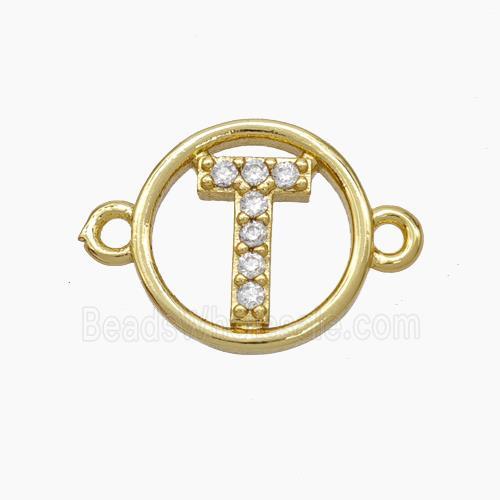 Copper Letter-T Connector Pave Zirconia Circle Gold Plated
