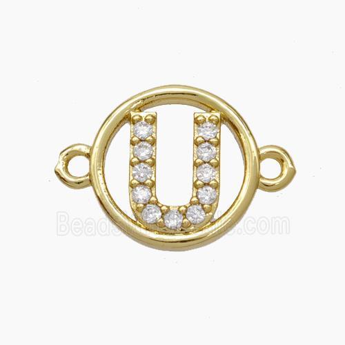 Copper Letter-U Connector Pave Zirconia Circle Gold Plated
