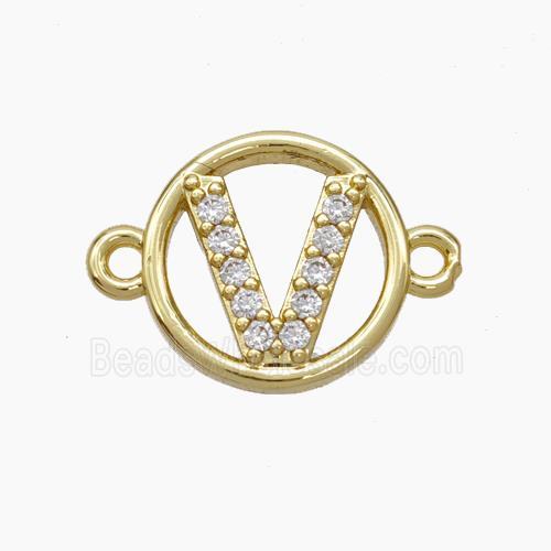 Copper Letter-V Connector Pave Zirconia Circle Gold Plated