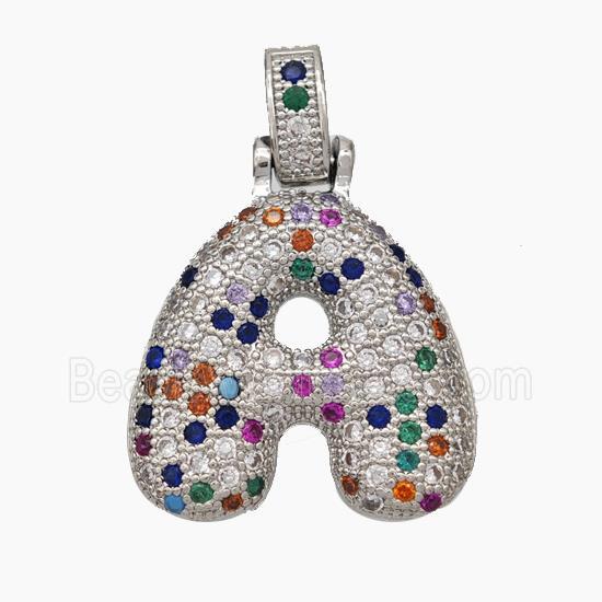 Copper Letter-A Pendant Micropave Multicolor Zirconia Platinum Plated