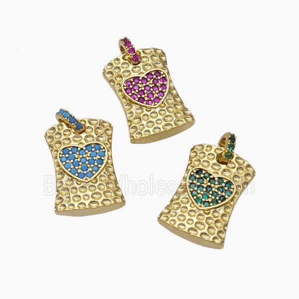 Copper Heart Pendant Pave Zirconia Rectangle Hammered Gold Plated Mixed