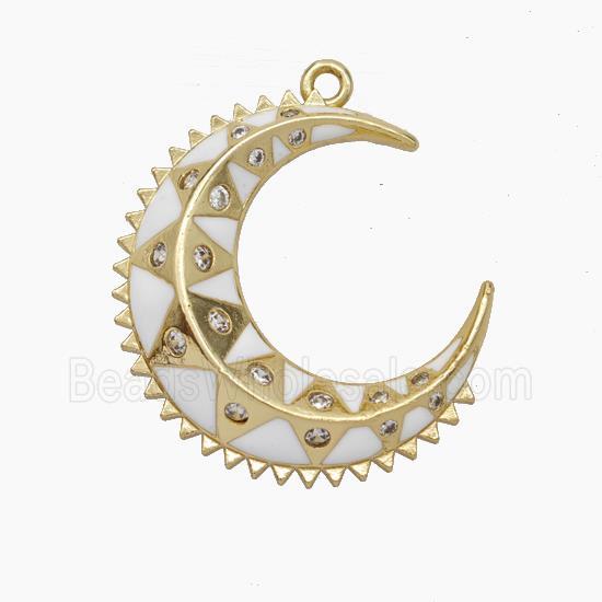 Copper Moon Pendant Pave Zirconia White Enamel Gold Plated