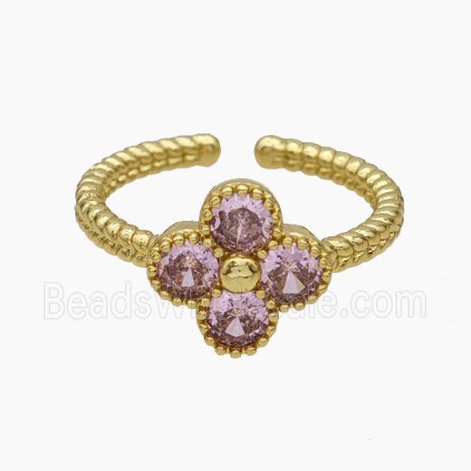 Copper Clover Rings Pave Pink Zirconia Gold Plated