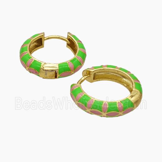 Copper Hoop Earrings Green Enamel Gold Plated