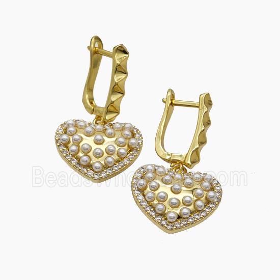 Copper Heart Latchback Earrings Pave Pearlized Resin Gold Plated