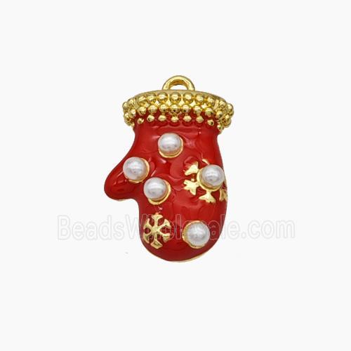 Christmas Mitten Charms Copper Pendant Pave Pearlized Resin Red Enamel Gold Plated