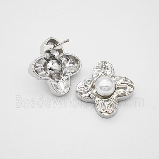 Copper Clover Stud Earrings Pave Pearlized Resin Hammered Platinum Plated