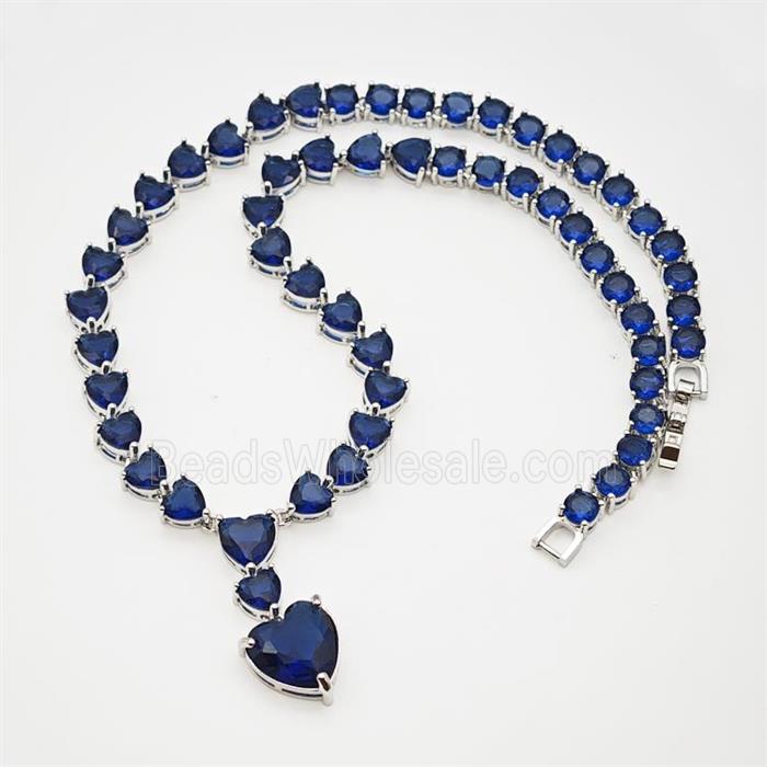 Copper Necklace Pave Blue Crystal Glass Heart Platinum Plated