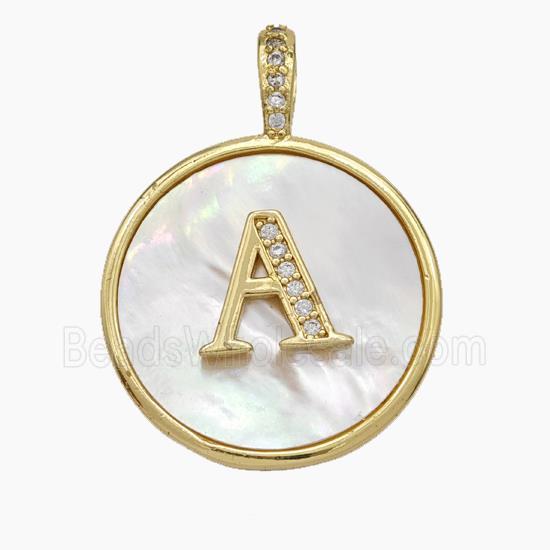 Copper Letter-A Pendant Pave Shell Zirconia Circle Gold Plated