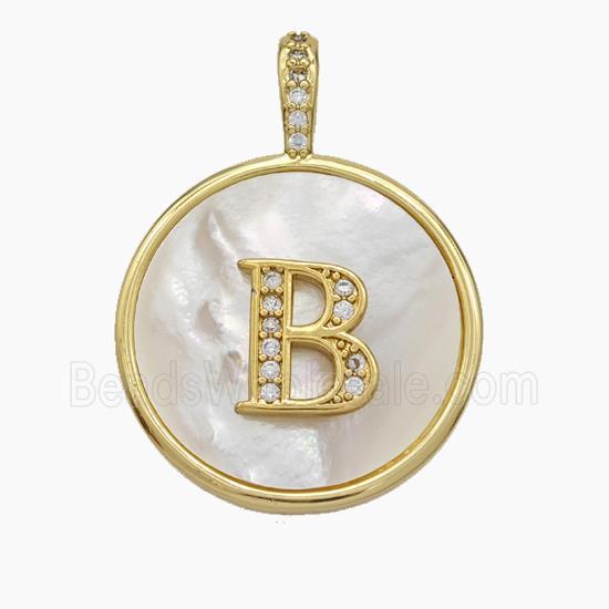 Copper Letter-B Pendant Pave Shell Zirconia Circle Gold Plated
