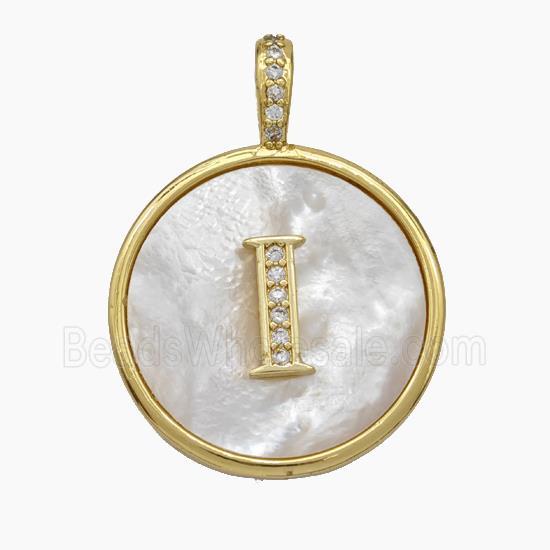 Copper Letter-I Pendant Pave Shell Zirconia Circle Gold Plated