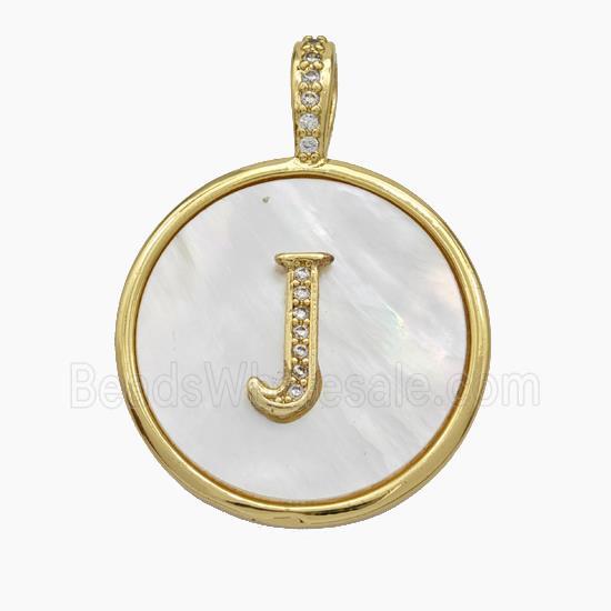 Copper Letter-J Pendant Pave Shell Zirconia Circle Gold Plated