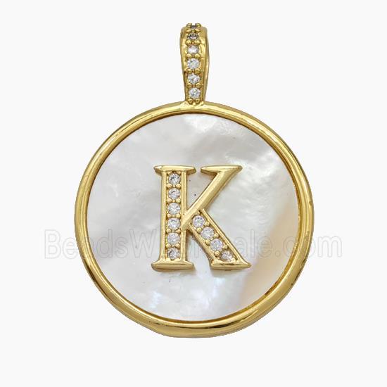 Copper Letter-K Pendant Pave Shell Zirconia Circle Gold Plated