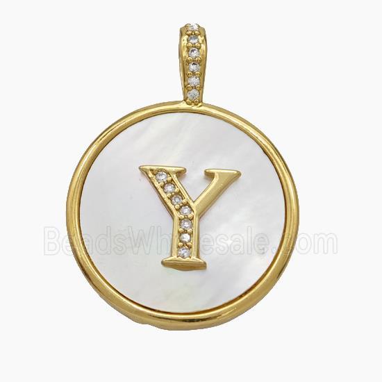 Copper Letter-Y Pendant Pave Shell Zirconia Circle Gold Plated