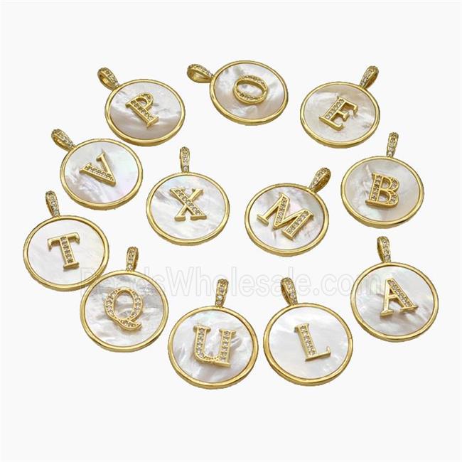 Copper Letter Pendant Pave Shell Zirconia Mix Alphabet Circle Gold Plated