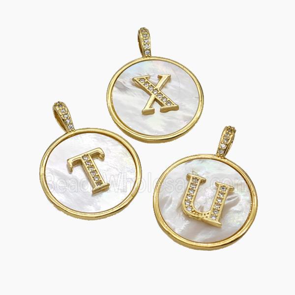 Copper Letter Pendant Pave Shell Zirconia Mix Alphabet Circle Gold Plated