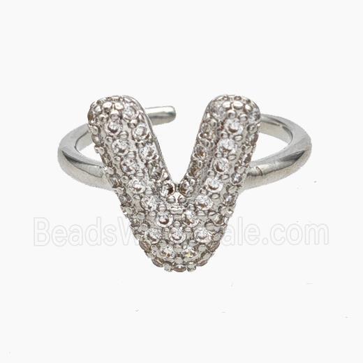 Copper Letter-V Rings Micropave Zirconia Platinum Plated
