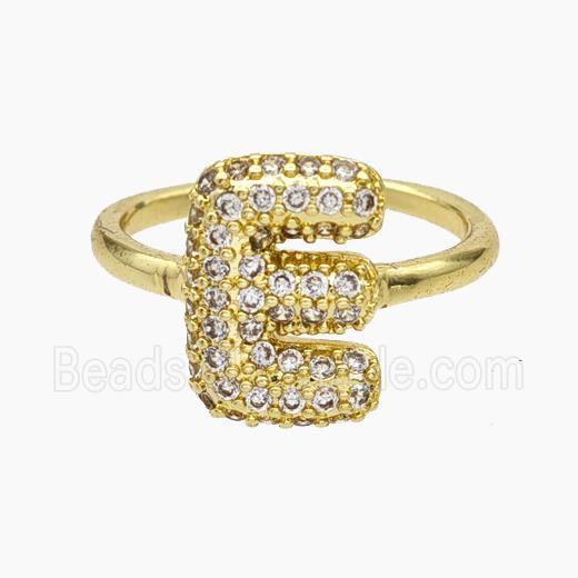 Copper Letter-E Rings Micropave Zirconia Gold Plated