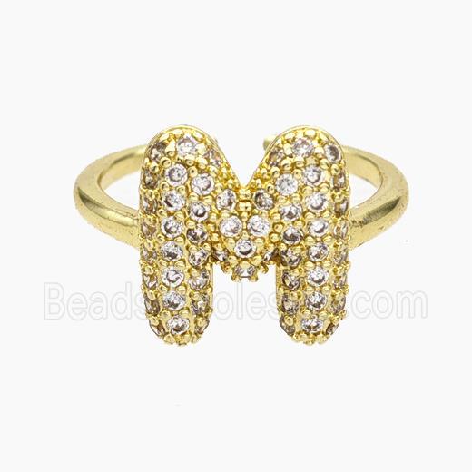 Copper Letter-M Rings Micropave Zirconia Gold Plated