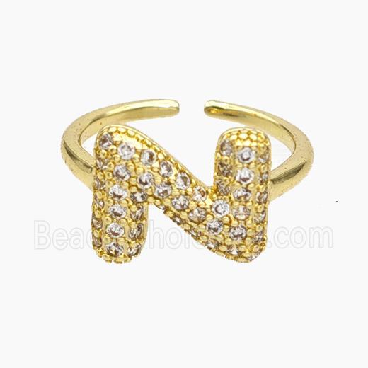 Copper Letter-N Rings Micropave Zirconia Gold Plated