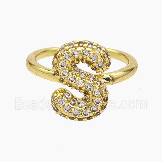 Copper Letter-S Rings Micropave Zirconia Gold Plated