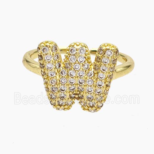 Copper Letter-W Rings Micropave Zirconia Gold Plated