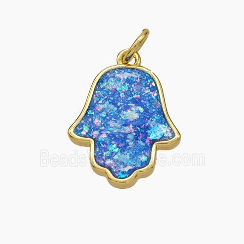 Copper Hamsahand Pendant Pave Blue Fire Opal 18K Gold Plated