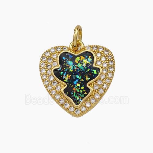 Copper Heart Pendant Pave Zirconia Black Fire Opal 18K Gold Plated