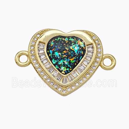Copper Heart Connector Pave Zirconia Black Fire Opal 18K Gold Plated