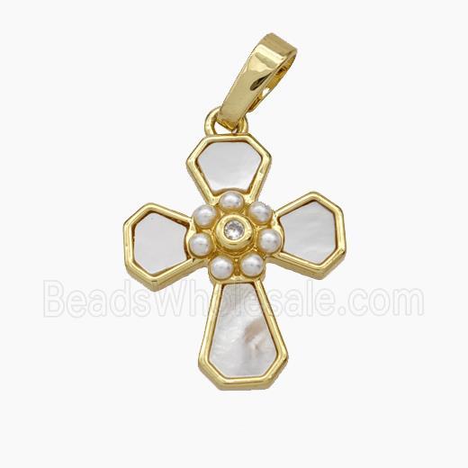 Copper Cross Pendant Pave Shell Pearlized Resin Gold Plated