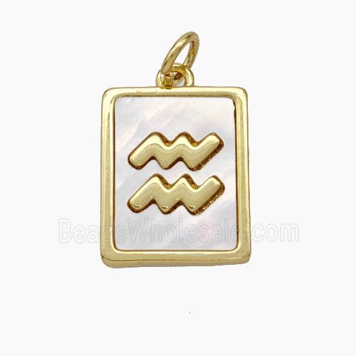 Copper Rectangle Pendant Pave Shell Zodiac Aquarius 18K Gold Plated