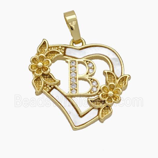 Copper Heart Pendant Pave Shell Zirconia Letter-B Flower 18K Gold Plated