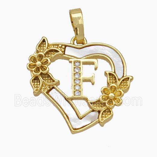 Copper Heart Pendant Pave Shell Zirconia Letter-F Flower 18K Gold Plated