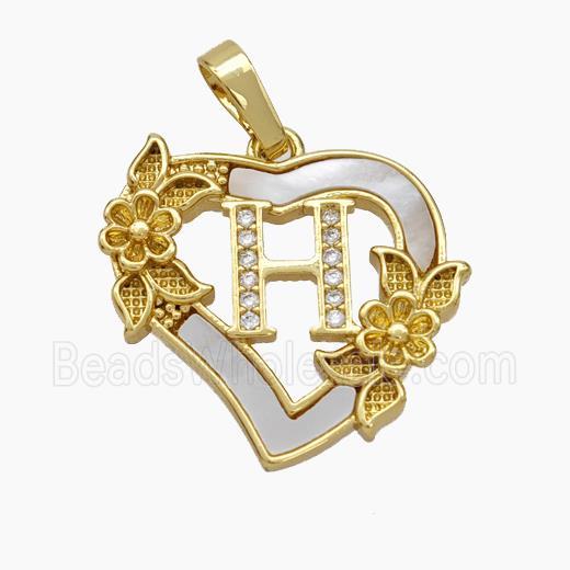 Copper Heart Pendant Pave Shell Zirconia Letter-H Flower 18K Gold Plated