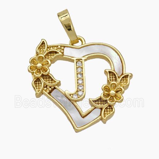 Copper Heart Pendant Pave Shell Zirconia Letter-J Flower 18K Gold Plated