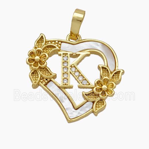 Copper Heart Pendant Pave Shell Zirconia Letter-K Flower 18K Gold Plated