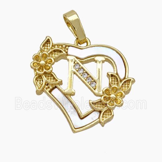 Copper Heart Pendant Pave Shell Zirconia Letter-N Flower 18K Gold Plated